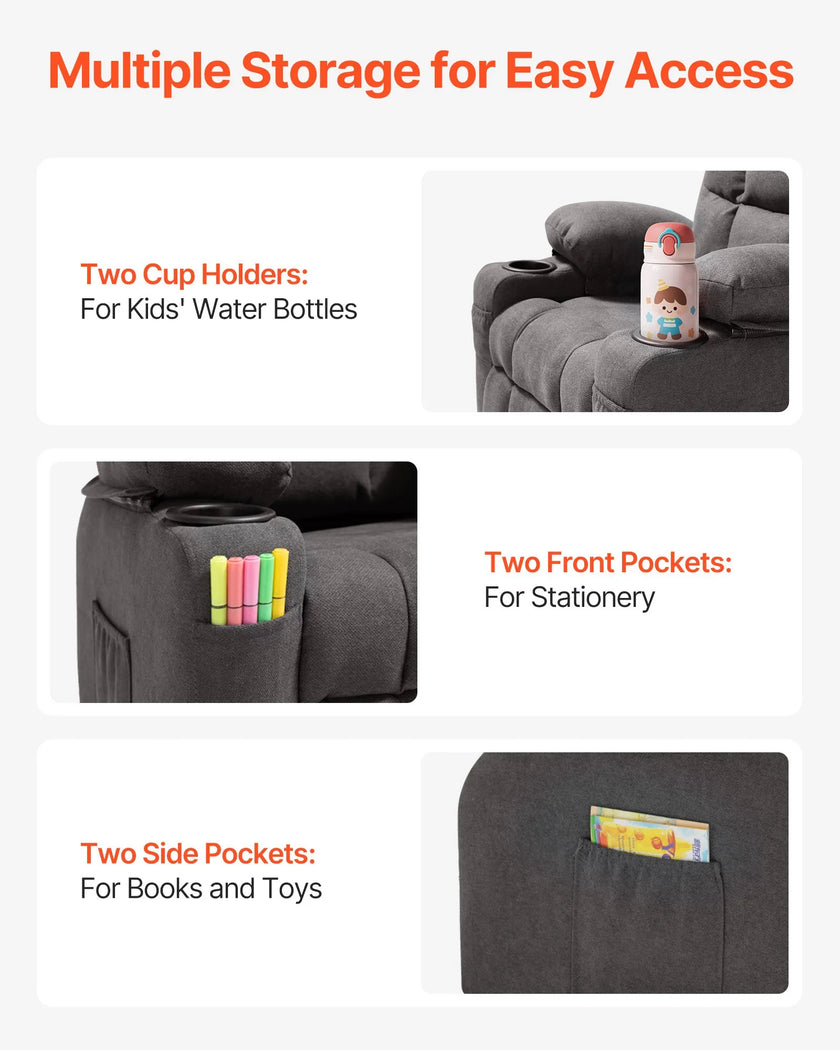 VEVOR Kids Reclining Chair Toddler Recliner with Cup Holders and Pockets (Grey)