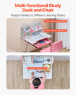 VEVOR Kids Study Chair and Desk with Bookshelf & Drawer Adjustable Height Pink