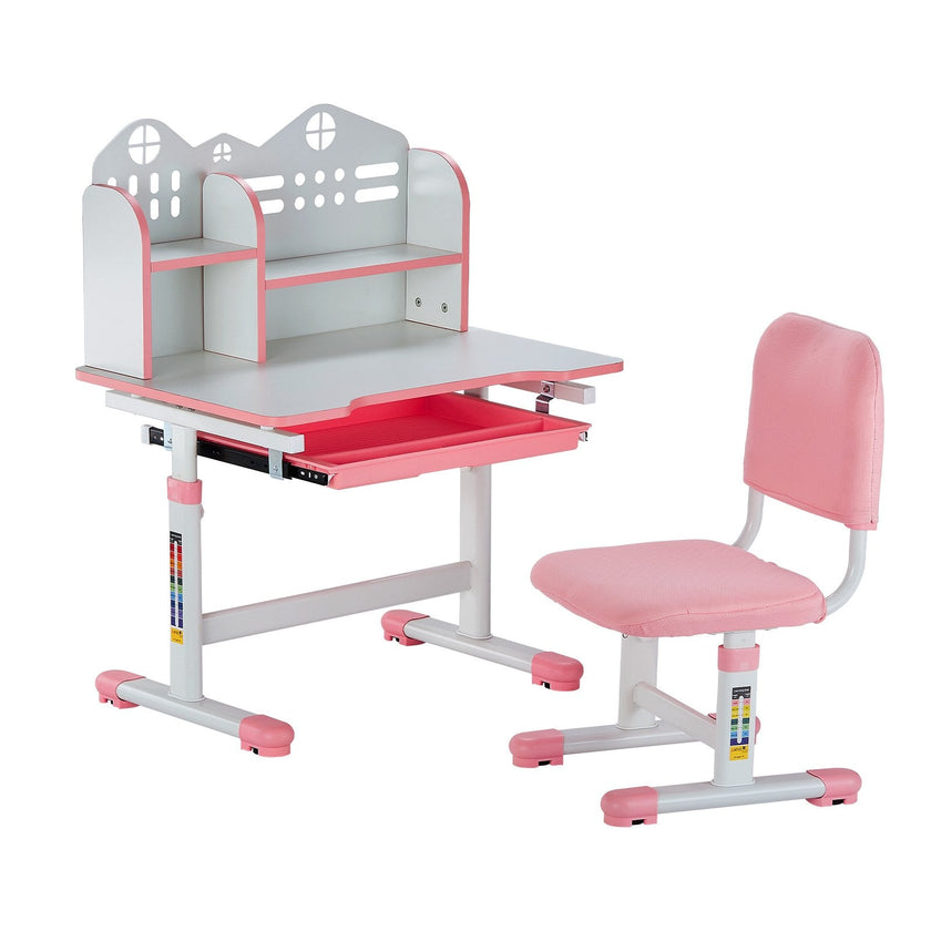VEVOR Kids Study Chair and Desk with Bookshelf & Drawer Adjustable Height Pink