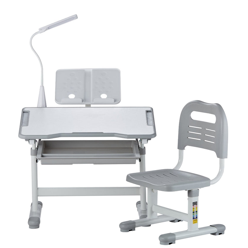 VEVOR Kids Chair and Desk Set Table Lamp Adjustable Height & Tilted Desktop Grey