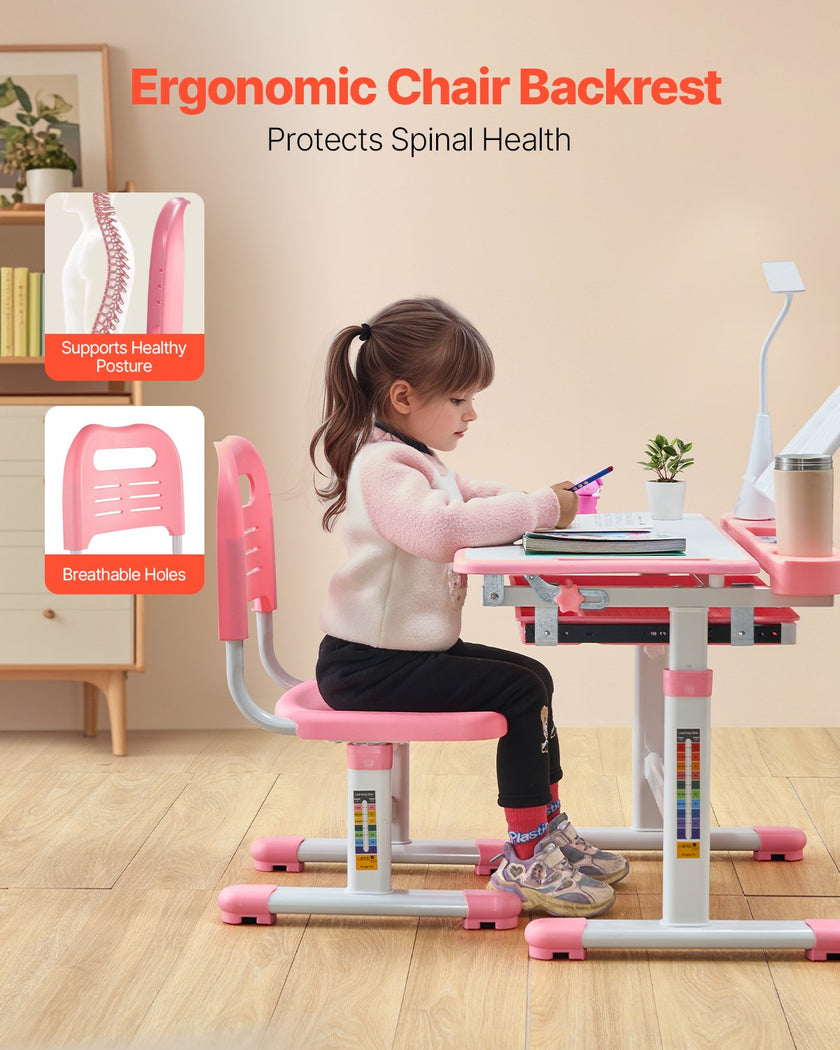 VEVOR Kids Chair and Desk Set Table Lamp Adjustable Height & Tilted Desktop Pink