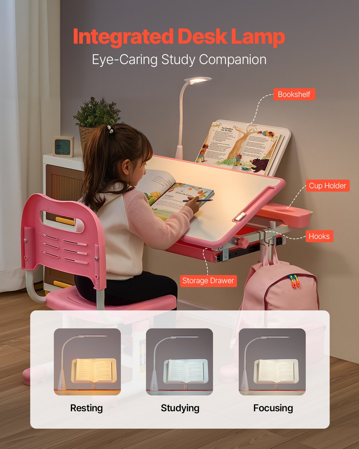VEVOR Kids Chair and Desk Set Table Lamp Adjustable Height & Tilted Desktop Pink