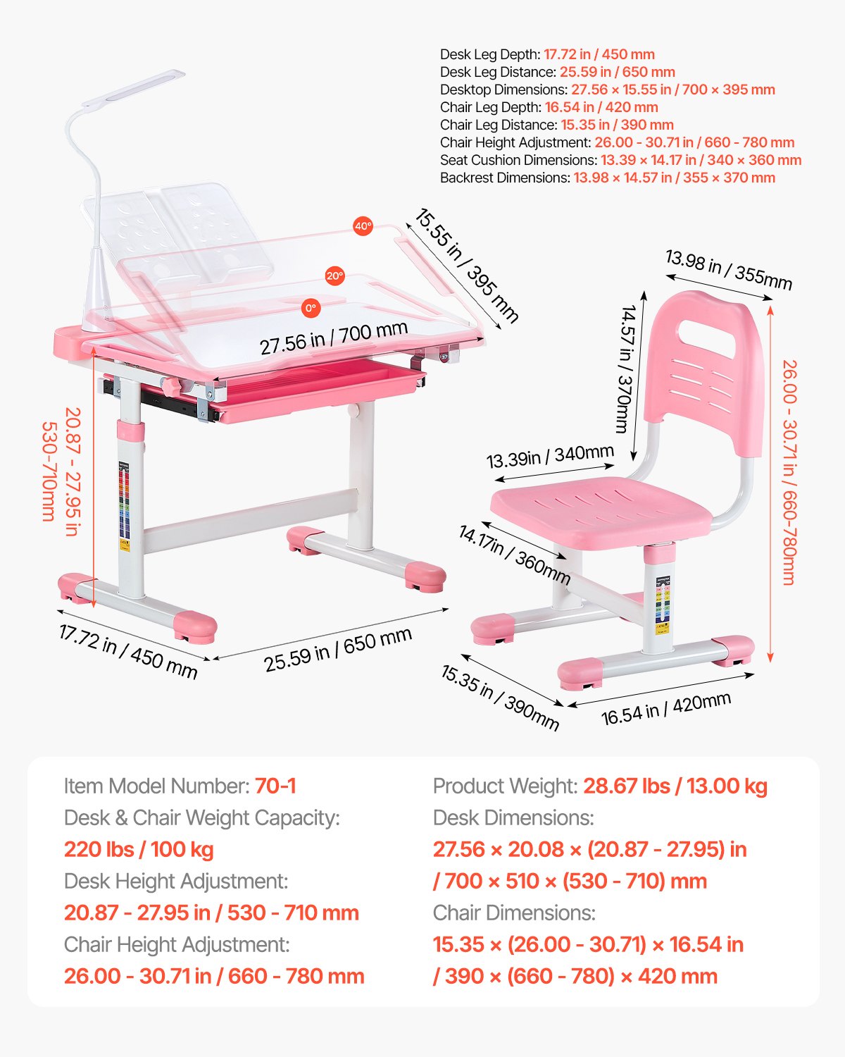 VEVOR Kids Chair and Desk Set Table Lamp Adjustable Height & Tilted Desktop Pink