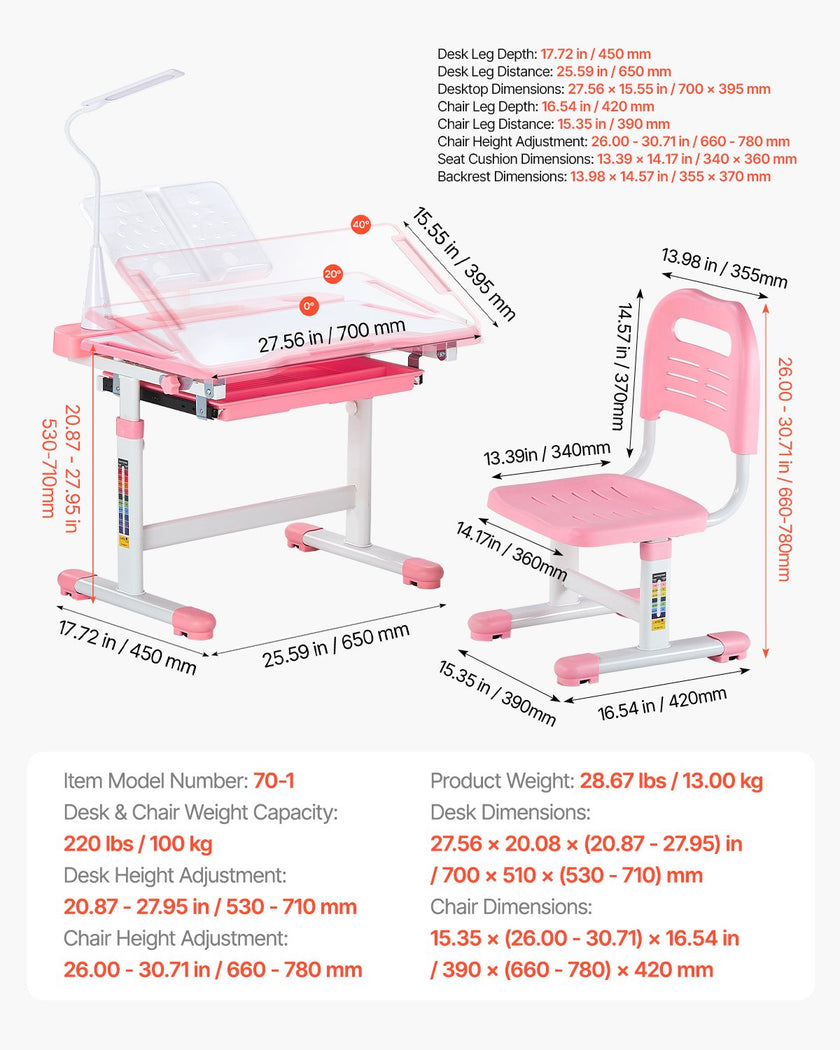 VEVOR Kids Chair and Desk Set Table Lamp Adjustable Height & Tilted Desktop Pink