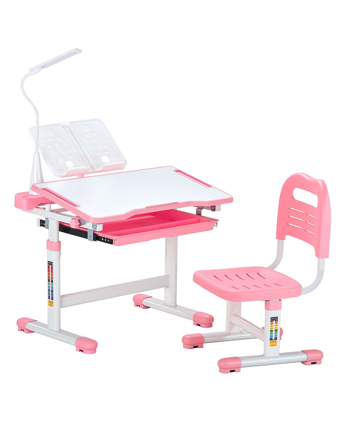 VEVOR Kids Chair and Desk Set Table Lamp Adjustable Height & Tilted Desktop Pink