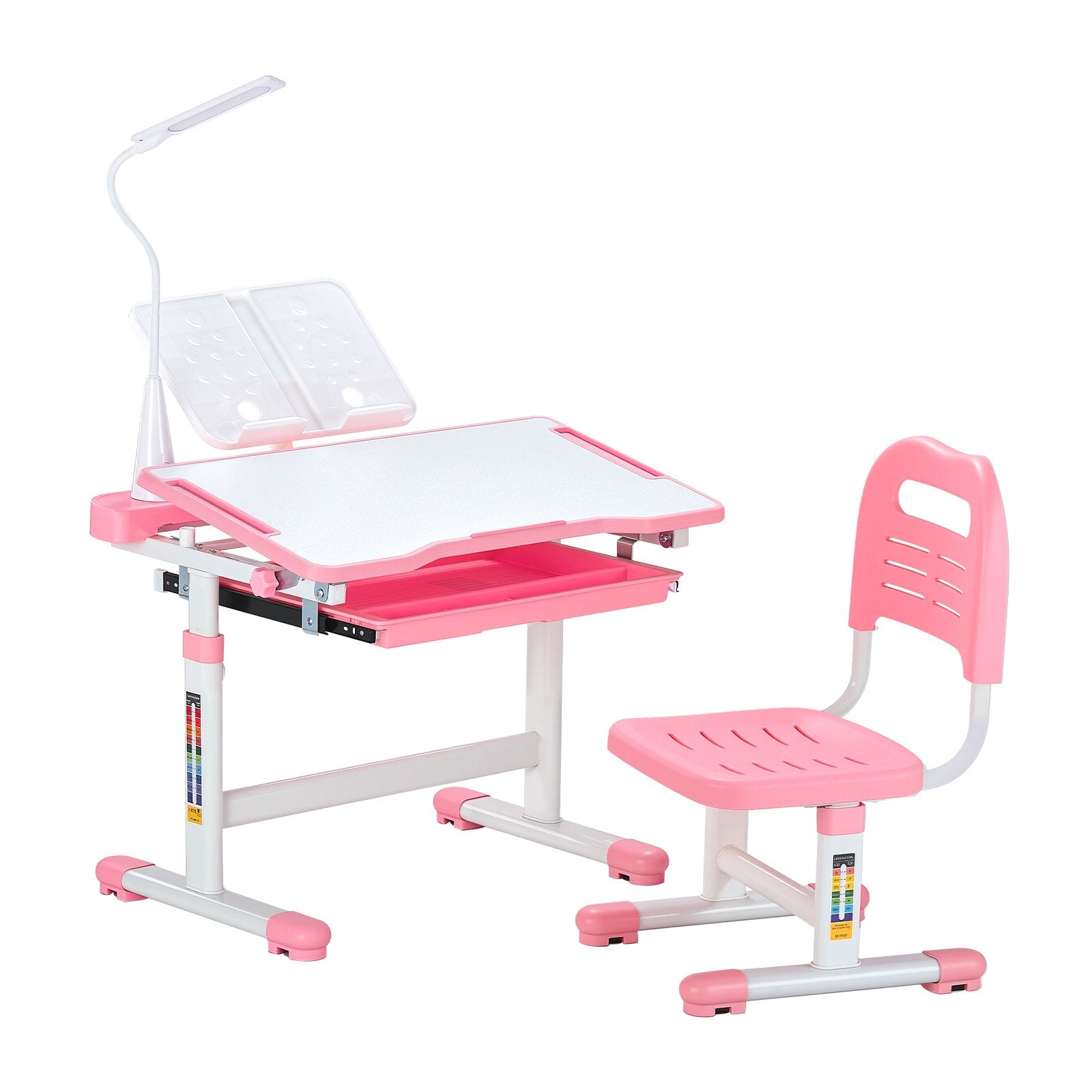 VEVOR Kids Chair and Desk Set Table Lamp Adjustable Height & Tilted Desktop Pink
