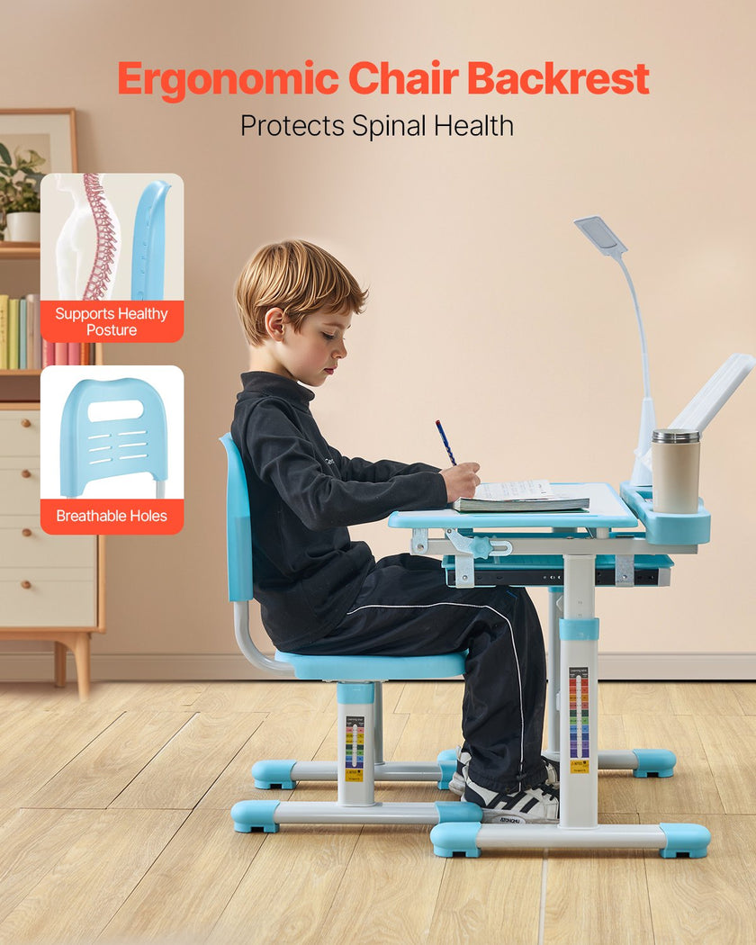 VEVOR Kids Chair and Desk Set Table Lamp Adjustable Height & Tilted Desktop Blue