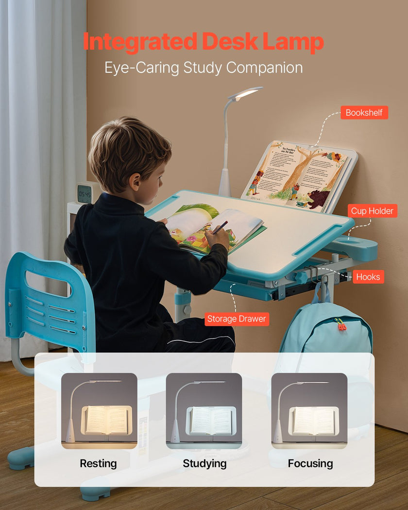 VEVOR Kids Chair and Desk Set Table Lamp Adjustable Height & Tilted Desktop Blue