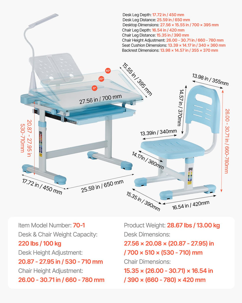 VEVOR Kids Chair and Desk Set Table Lamp Adjustable Height & Tilted Desktop Blue
