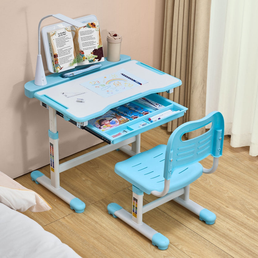 VEVOR Kids Chair and Desk Set Table Lamp Adjustable Height & Tilted Desktop Blue