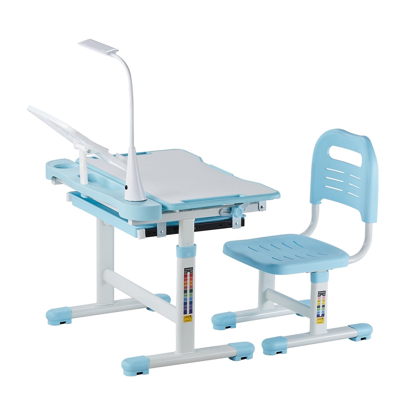 VEVOR Kids Chair and Desk Set Table Lamp Adjustable Height & Tilted Desktop Blue