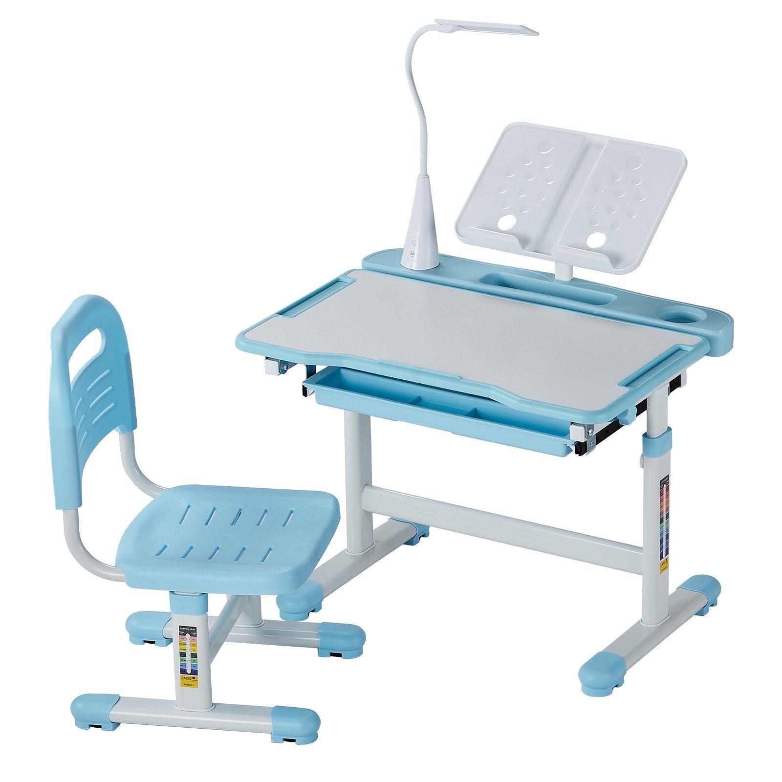 VEVOR Kids Chair and Desk Set Table Lamp Adjustable Height & Tilted Desktop Blue