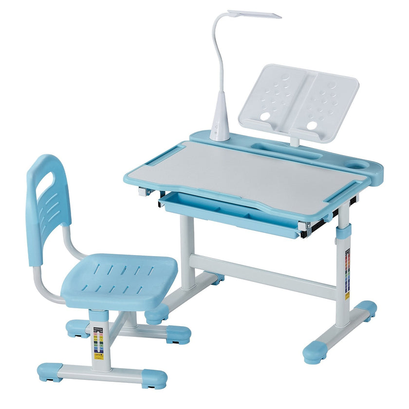 VEVOR Kids Chair and Desk Set Table Lamp Adjustable Height & Tilted Desktop Blue