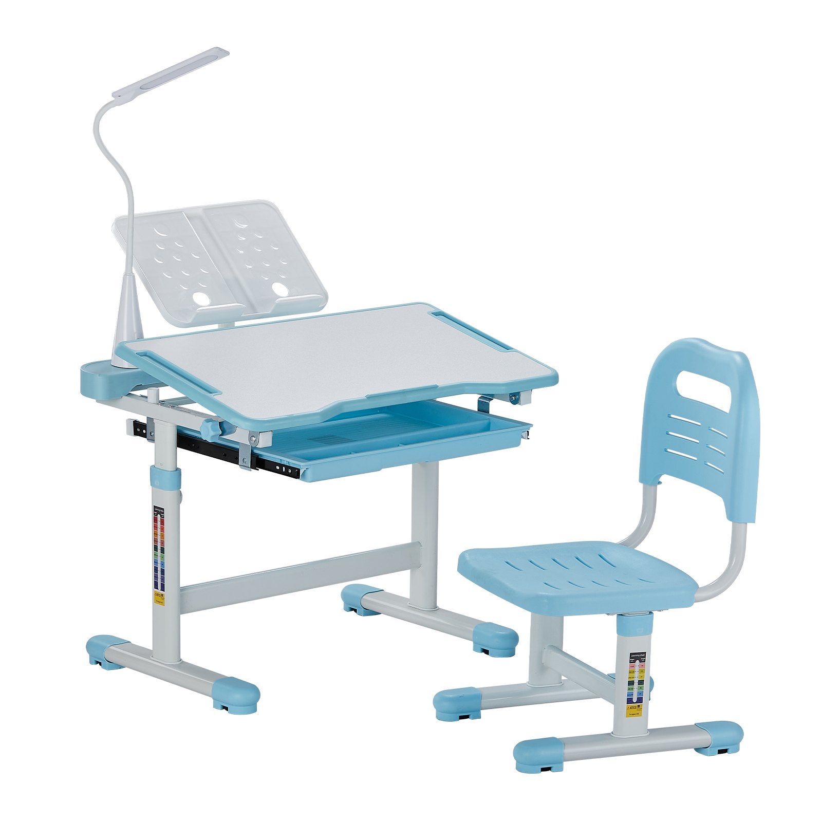 VEVOR Kids Chair and Desk Set Table Lamp Adjustable Height & Tilted Desktop Blue