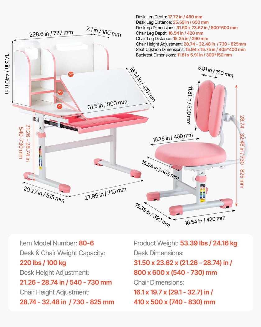 VEVOR Kids Study Chair and Desk with Bookshelf & Drawer Height Adjustable Pink