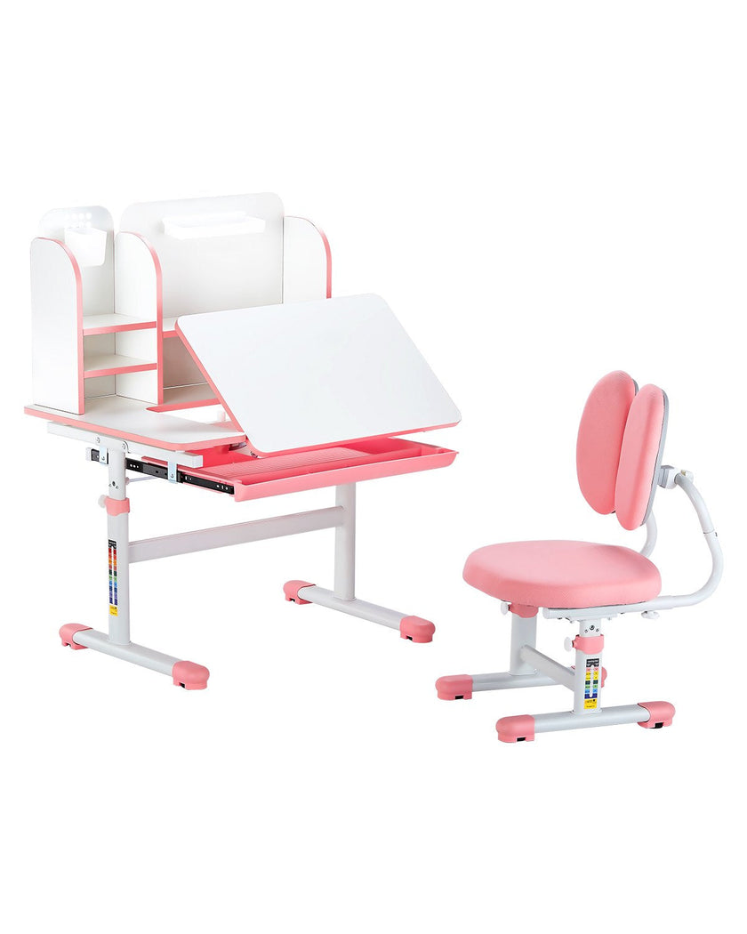 VEVOR Kids Study Chair and Desk with Bookshelf & Drawer Height Adjustable Pink