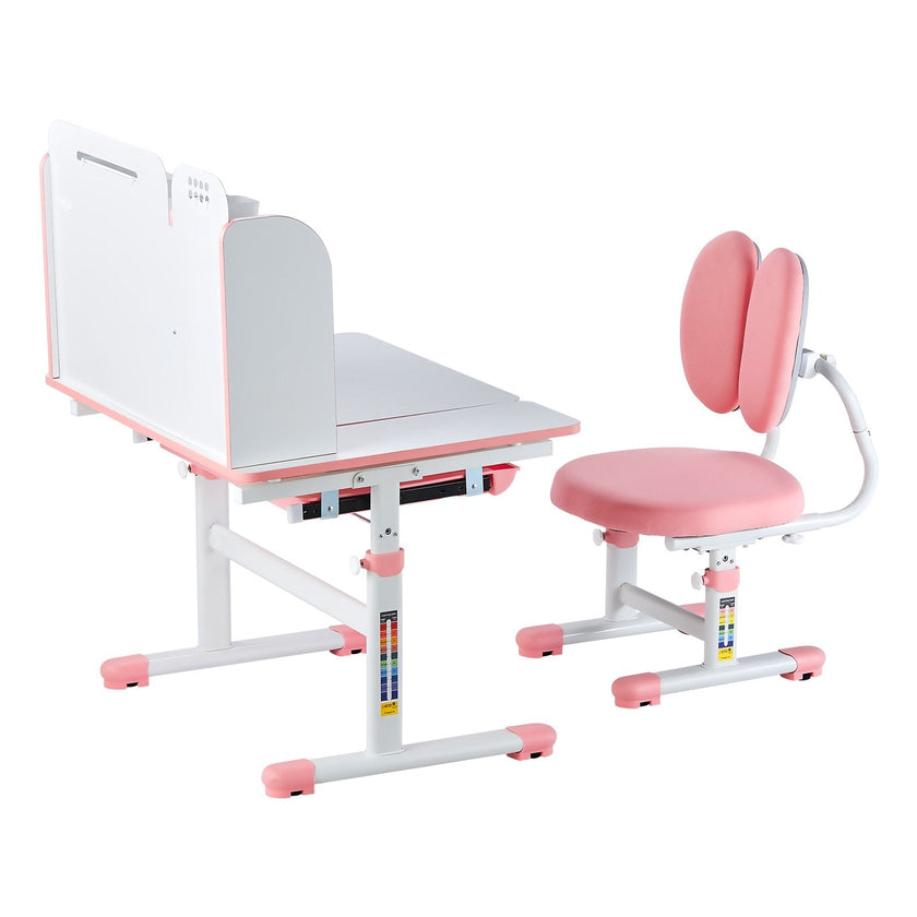 VEVOR Kids Study Chair and Desk with Bookshelf & Drawer Height Adjustable Pink