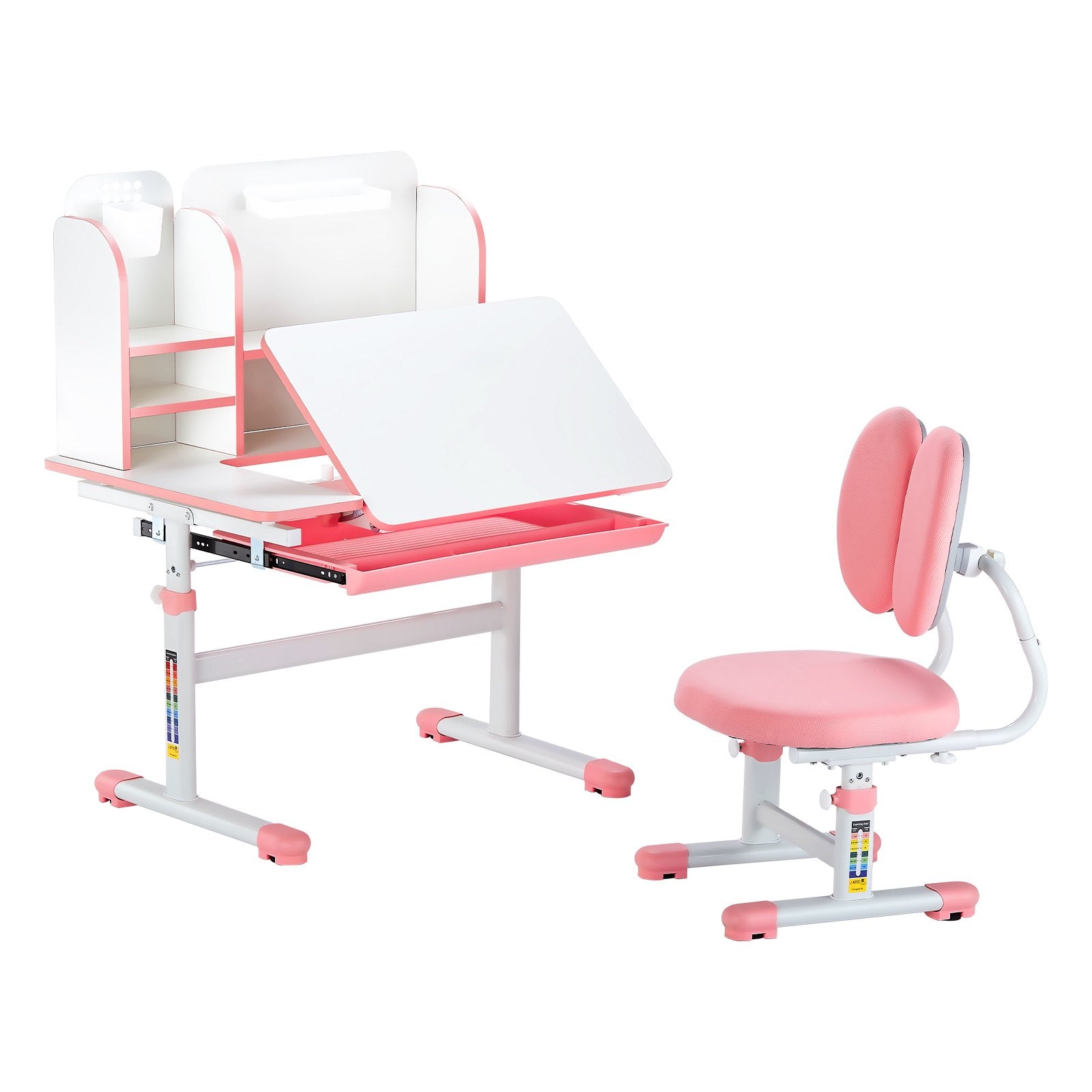 VEVOR Kids Study Chair and Desk with Bookshelf & Drawer Height Adjustable Pink