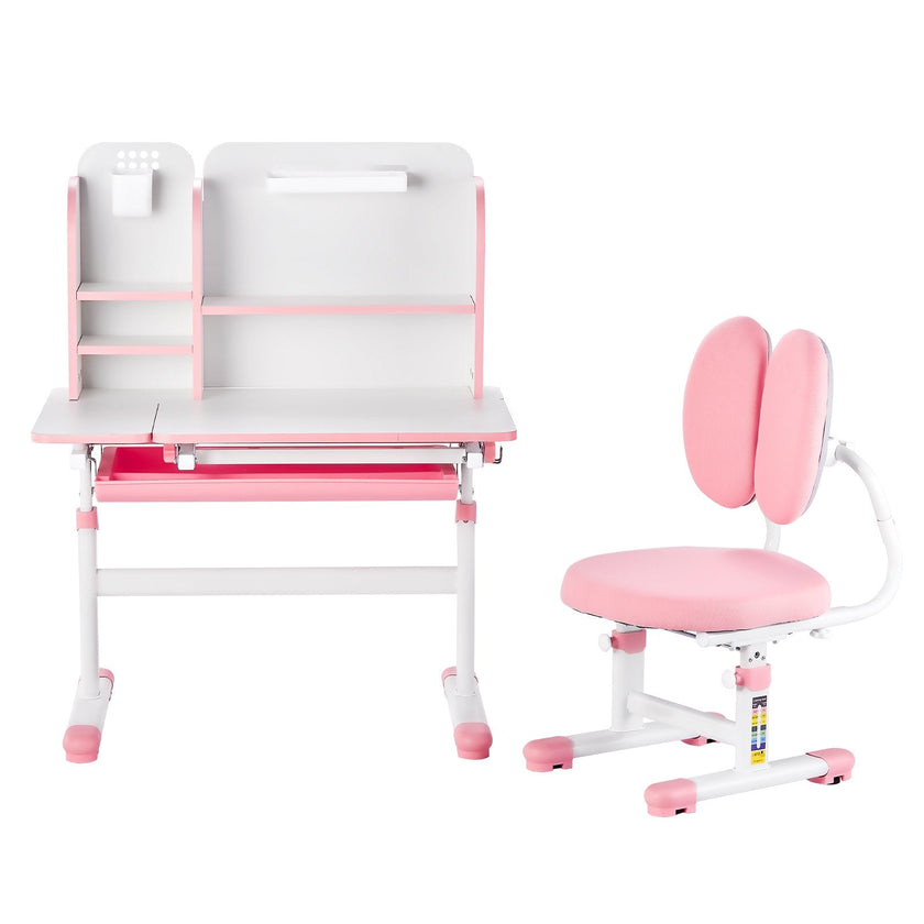 VEVOR Kids Study Chair and Desk with Bookshelf & Drawer Height Adjustable Pink