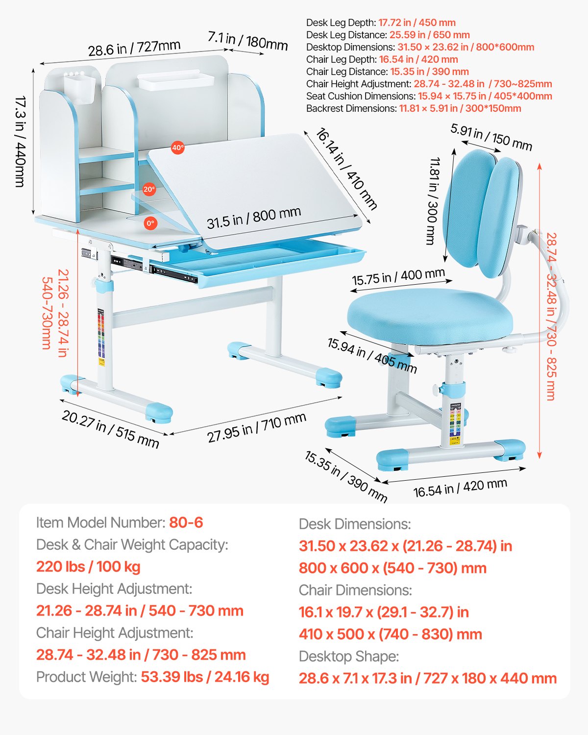 VEVOR Kids Study Chair and Desk with Bookshelf & Drawer Height Adjustable Blue