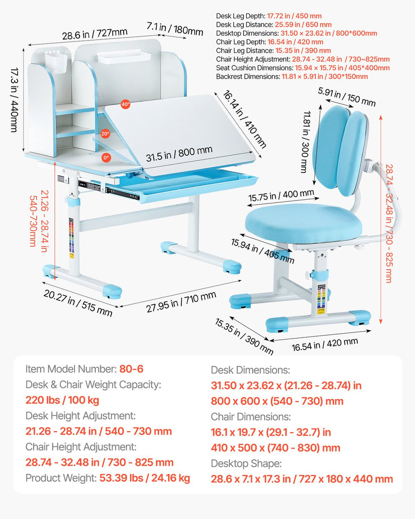 VEVOR Kids Study Chair and Desk with Bookshelf & Drawer Height Adjustable Blue