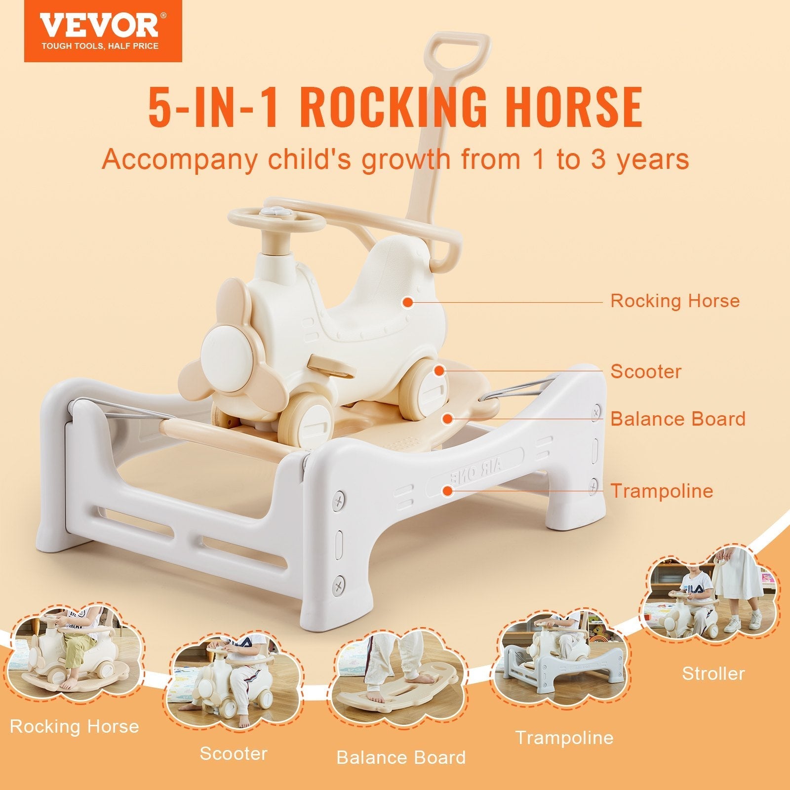VEVOR 5 in 1 Rocking Horse for Toddlers 1-3 Years, Baby Rocking Horse with Trampoline, Detachable Balance Board, Push Handle and 4 Smooth Wheels, Support to 80lbs Kids Ride on Toy, White