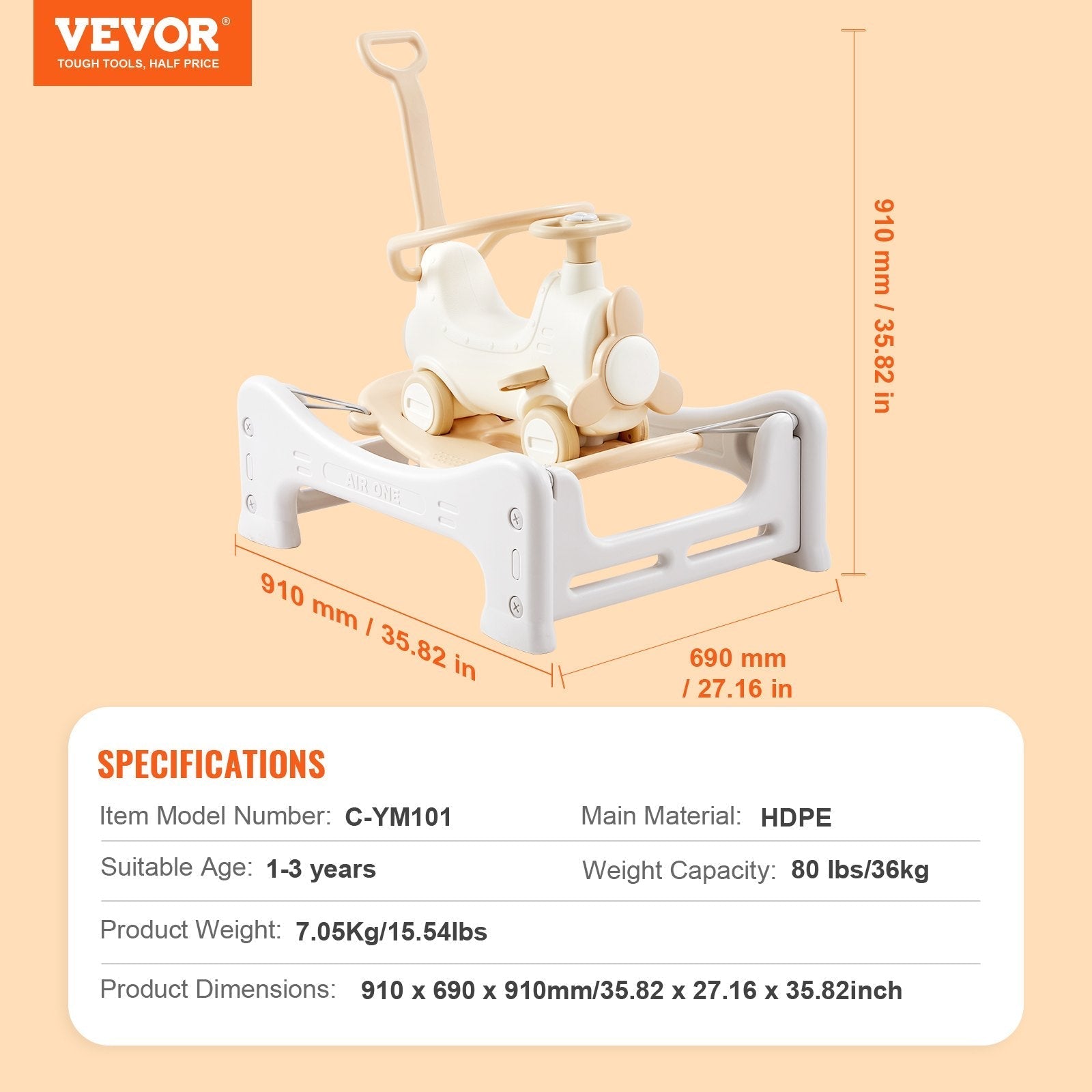 VEVOR 5 in 1 Rocking Horse for Toddlers 1-3 Years, Baby Rocking Horse with Trampoline, Detachable Balance Board, Push Handle and 4 Smooth Wheels, Support to 80lbs Kids Ride on Toy, White