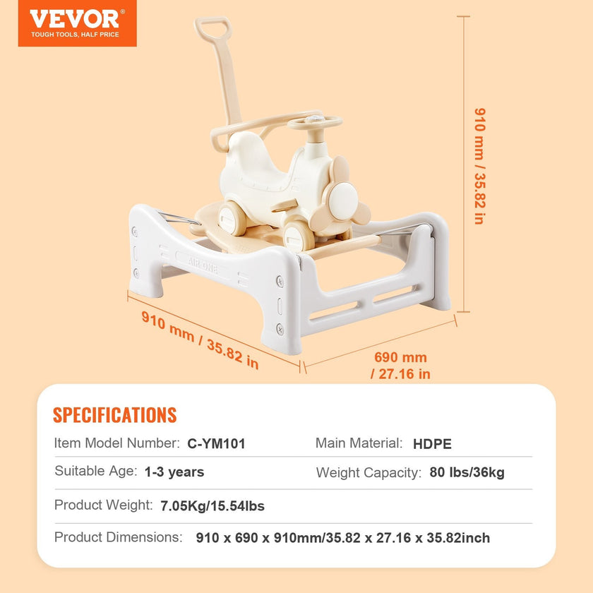 VEVOR 5 in 1 Rocking Horse for Toddlers 1-3 Years, Baby Rocking Horse with Trampoline, Detachable Balance Board, Push Handle and 4 Smooth Wheels, Support to 80lbs Kids Ride on Toy, White