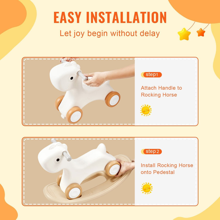 VEVOR 3 in 1 Rocking Horse for Toddlers 1-3 Years, Baby Rocking Horse with Detachable Balance Board and 4 Smooth Wheels, Support up to 80 lbs HDPE Material Kids Ride on Toy, 40° Swinging, White