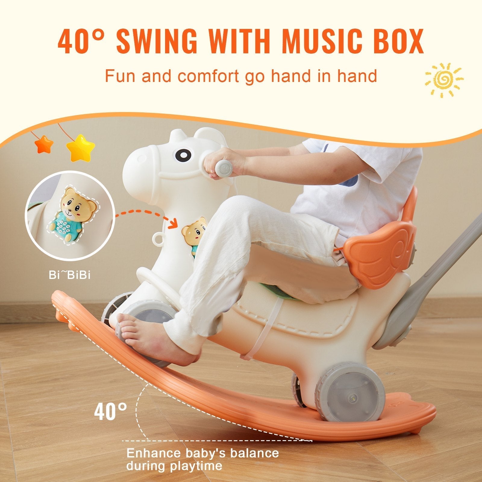 VEVOR 4 in 1 Rocking Horse for Toddlers 1-3 Years, Baby Rocking Horse with Detachable Balance Board, Push Handle and 4 Smooth Wheels, Support up to 80 lbs HDPE Kids Ride on Toy with Sound, Red