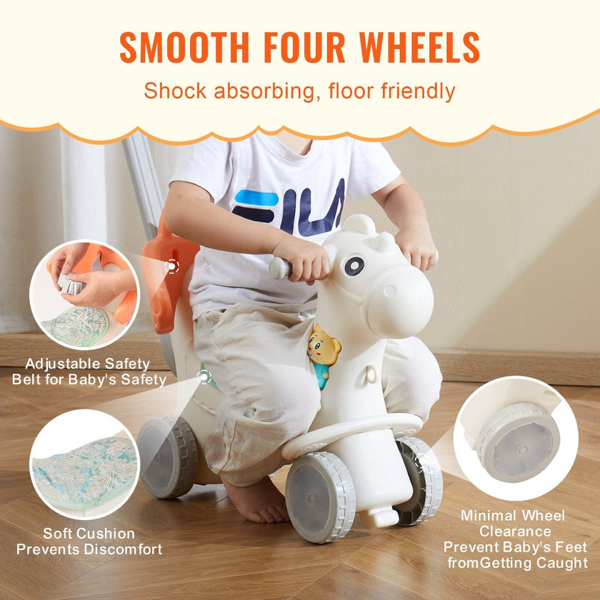VEVOR 4 in 1 Rocking Horse for Toddlers 1-3 Years, Baby Rocking Horse with Detachable Balance Board, Push Handle and 4 Smooth Wheels, Support up to 80 lbs HDPE Kids Ride on Toy with Sound, Red