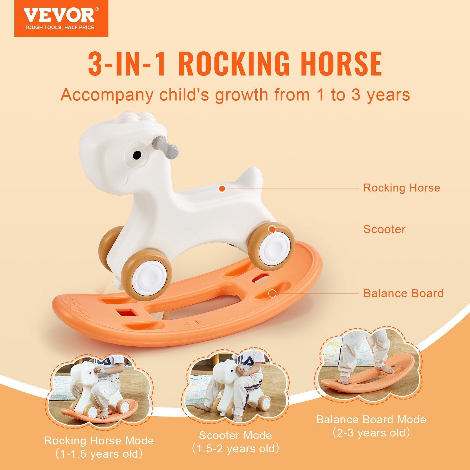 VEVOR 3 in 1 Rocking Horse for Toddlers 1-3 Years, Baby Rocking Horse with Detachable Balance Board and 4 Smooth Wheels, Support up to 80 lbs HDPE Material Kids Ride on Toy, 40° Swinging, Red