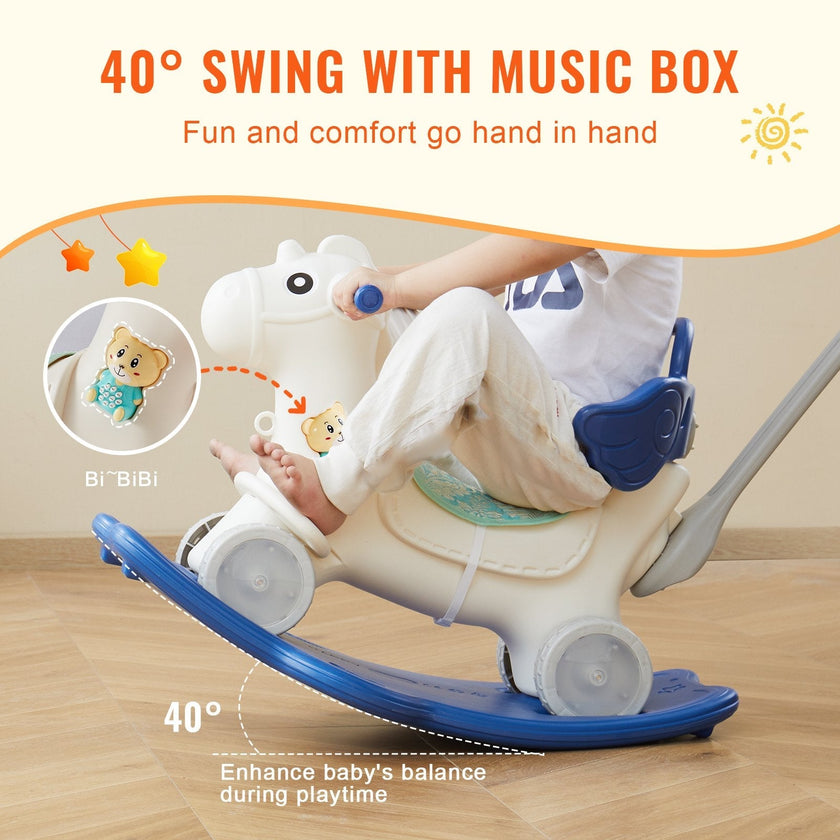 VEVOR 4 in 1 Rocking Horse for Toddlers 1-3 Years, Baby Rocking Horse with Detachable Balance Board, Push Handle and 4 Smooth Wheels, Support up to 80 lbs HDPE Kids Ride on Toy with Sound, Blue