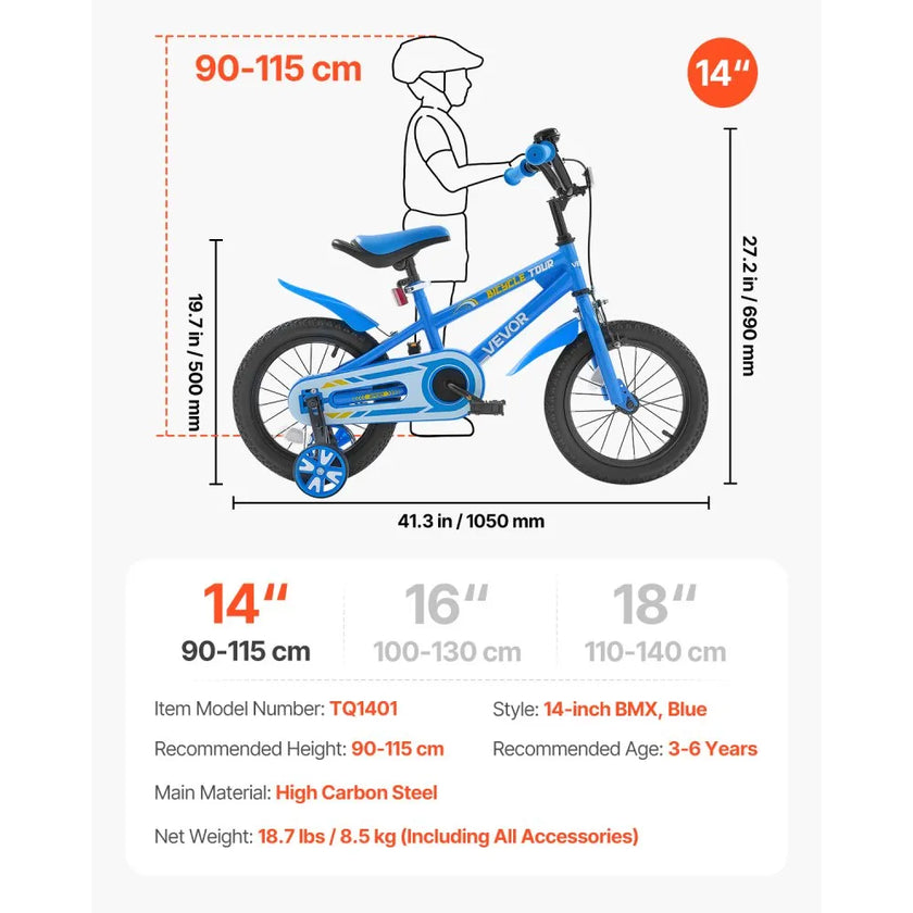 VEVOR Kids Bike 14 Inches BMX Style Children Bicycle for Boys & Girls Aged 3-6