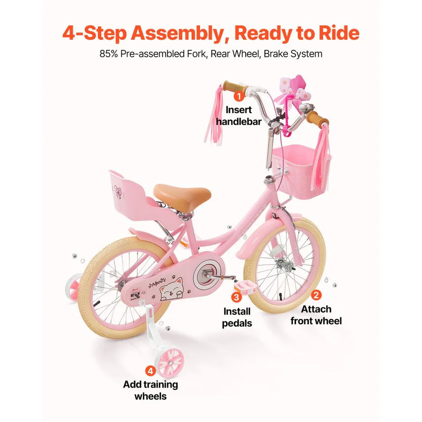 VEVOR Kids Bike 16 Inches Princess Style Children Bicycle for Girls Aged 4-8