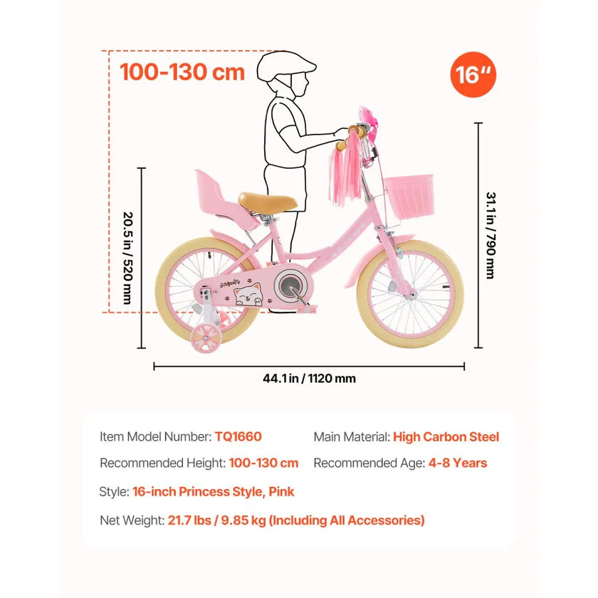 VEVOR Kids Bike 16 Inches Princess Style Children Bicycle for Girls Aged 4-8