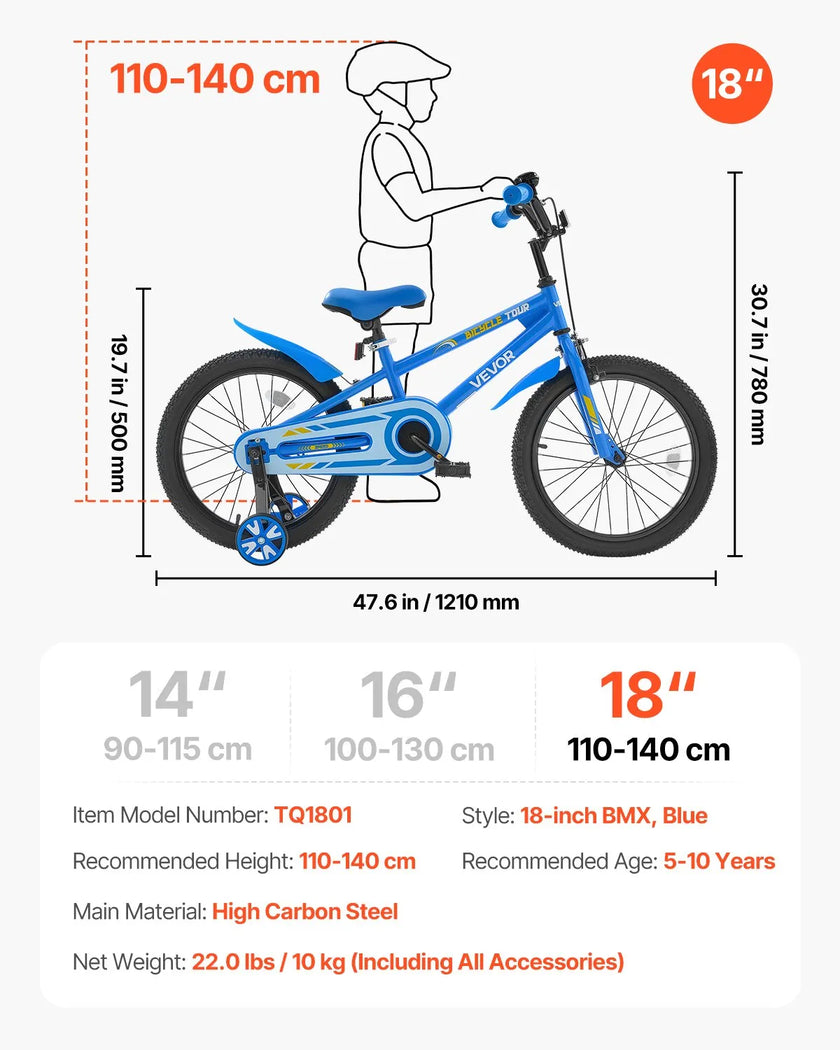 VEVOR Kids Bike 18 Inches BMX Style Children Bicycle for Boys & Girls Aged 5-10