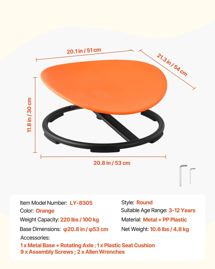 VEVOR Kids Swivel Chair, 220 lbs Capacity, Sensory Spinning Chair, Autistic Kids Sensory Toy Seat with Non-Slip Metal Base, Round Shape Toddler Sit & Spin Seat for Coordination Balance Focus, Orange