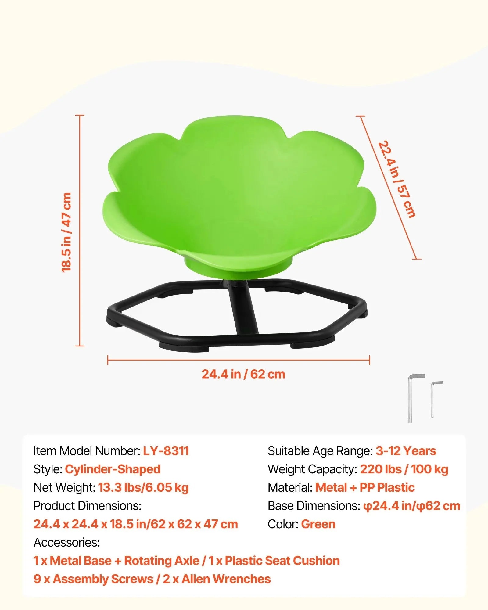 VEVOR Kids Swivel Chair, 220 lbs Capacity, Cylinder Shape Sensory Spinning Chair, Autistic Kids Sensory Toy Seat with Non-Slip Metal Base, Toddler Sit & Spin Seat for Coordination Balance Focus, Green