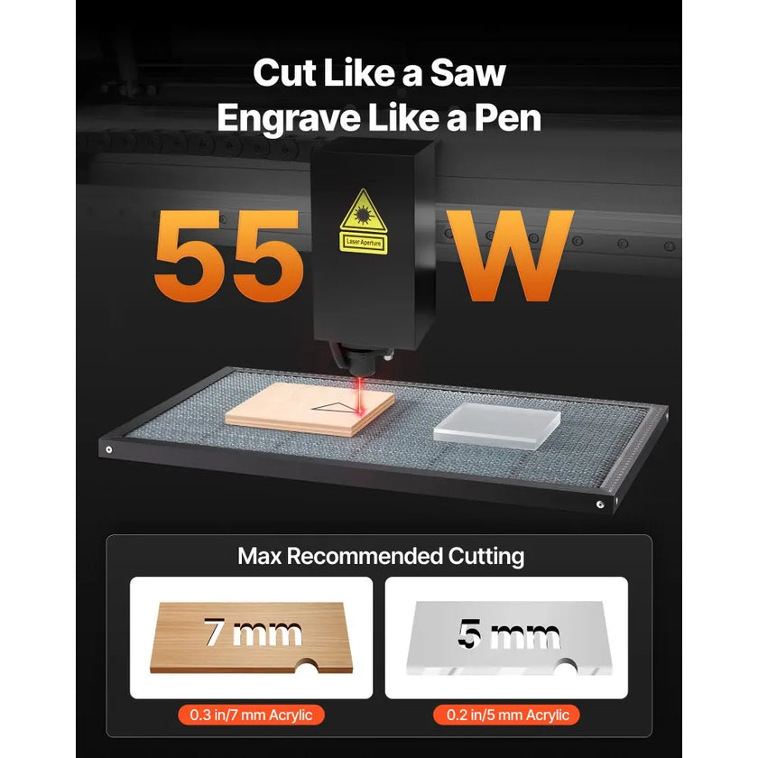 55W CO2 Laser Engraver & Cutter – Desktop Laser Engraving Machine with 5MP Camera & Rotary Axis