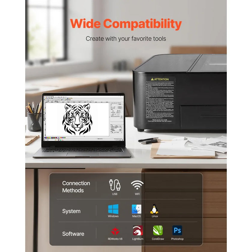 55W CO2 Laser Engraver & Cutter – Desktop Laser Engraving Machine with 5MP Camera & Rotary Axis