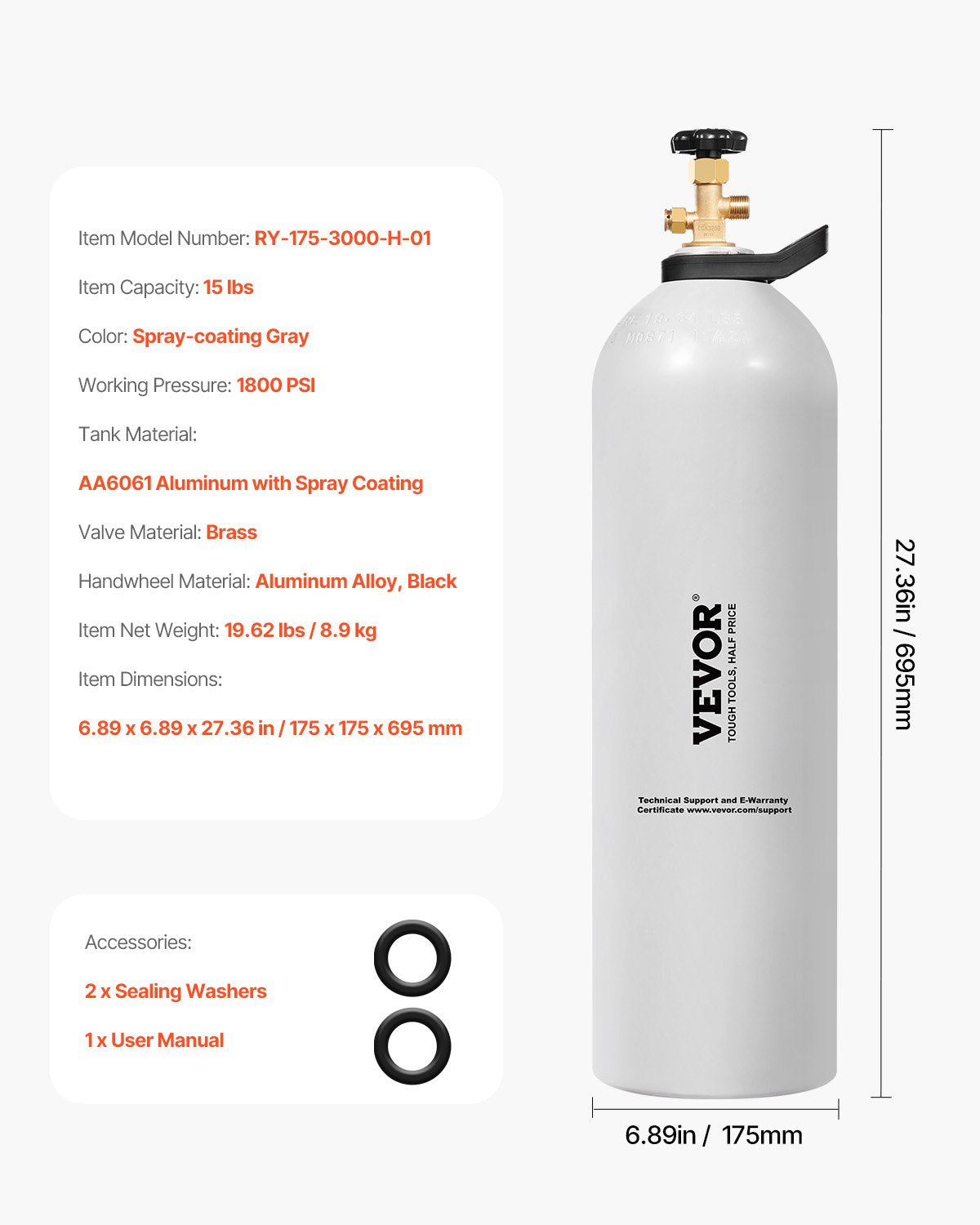 VEVOR CO2 Tank 15 lbs Aluminum Alloy Cylinder with CGA320 Valve DOT Approved