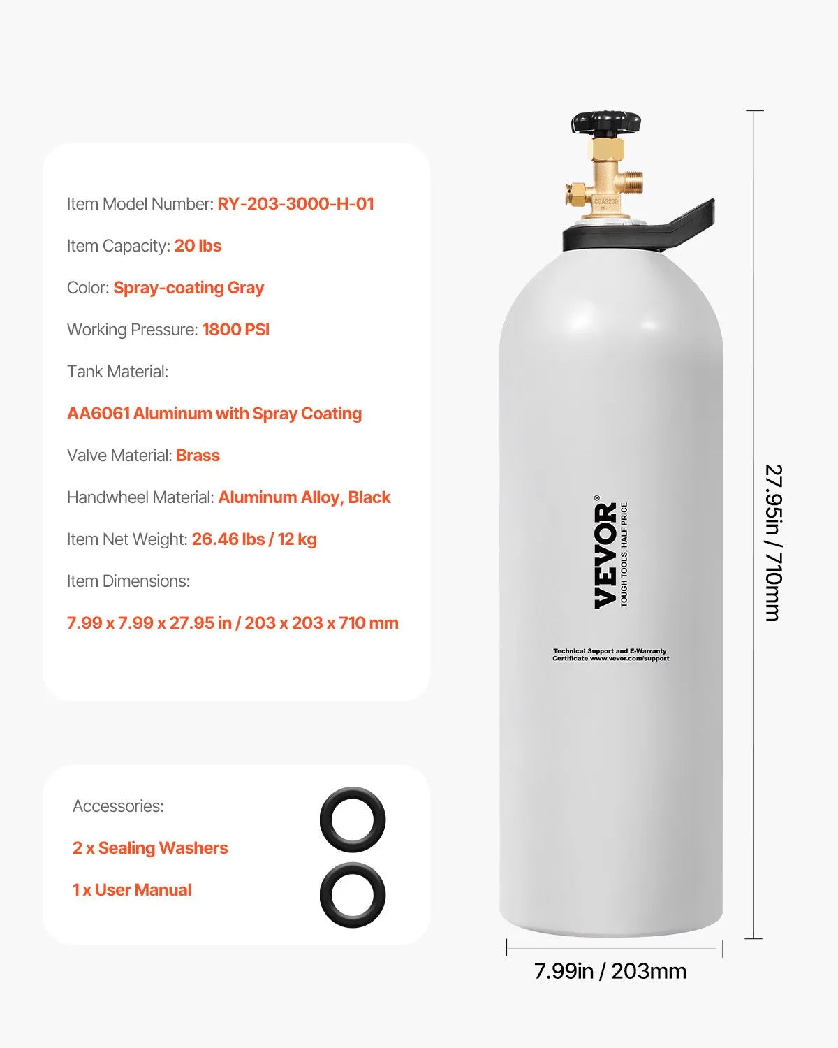 VEVOR CO2 Tank 20 lbs Aluminum Alloy Cylinder with CGA320 Valve for Draft Beer