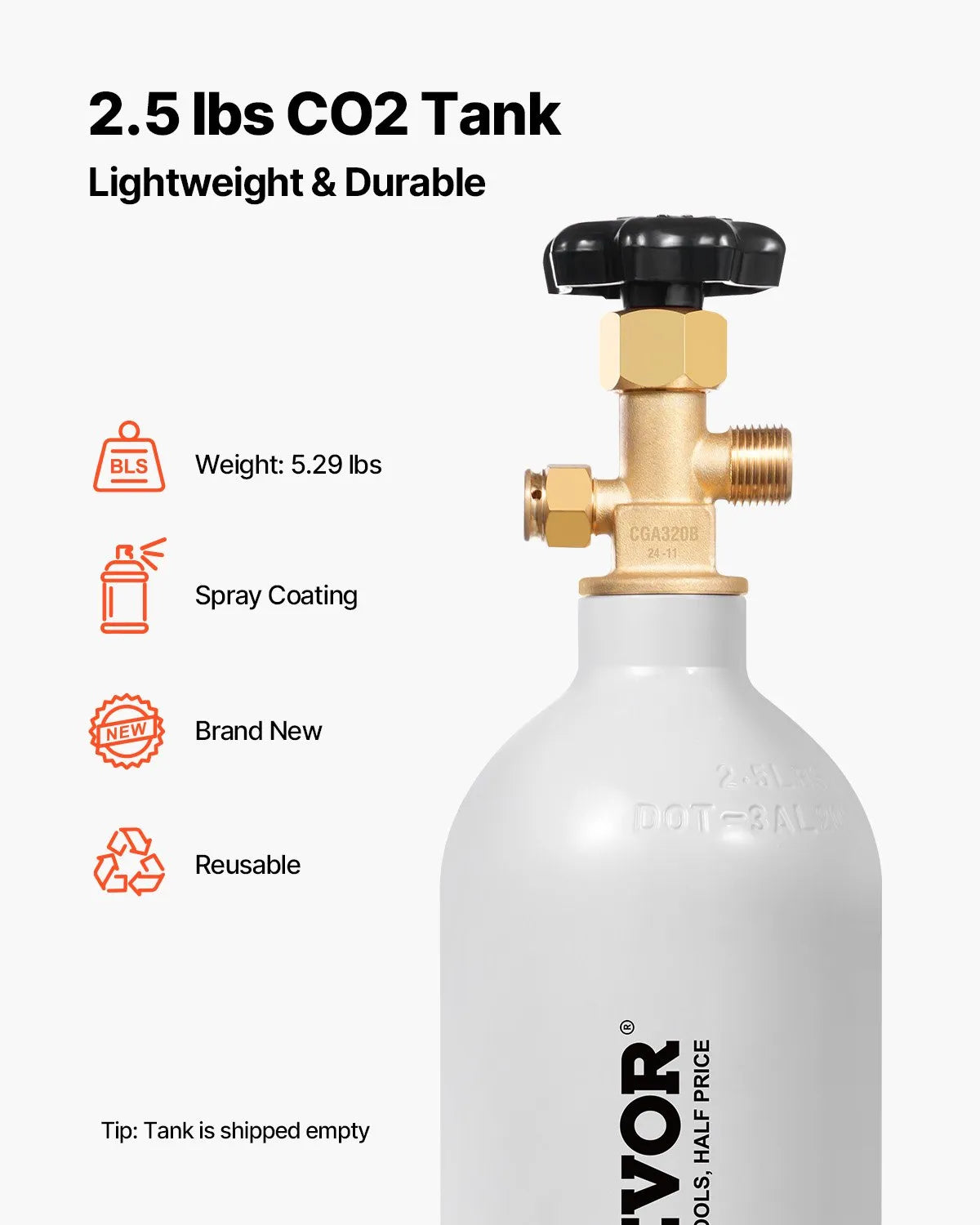 VEVOR CO2 Tank 2.5 lbs Aluminum Alloy Cylinder with CGA320 Valve DOT Approved
