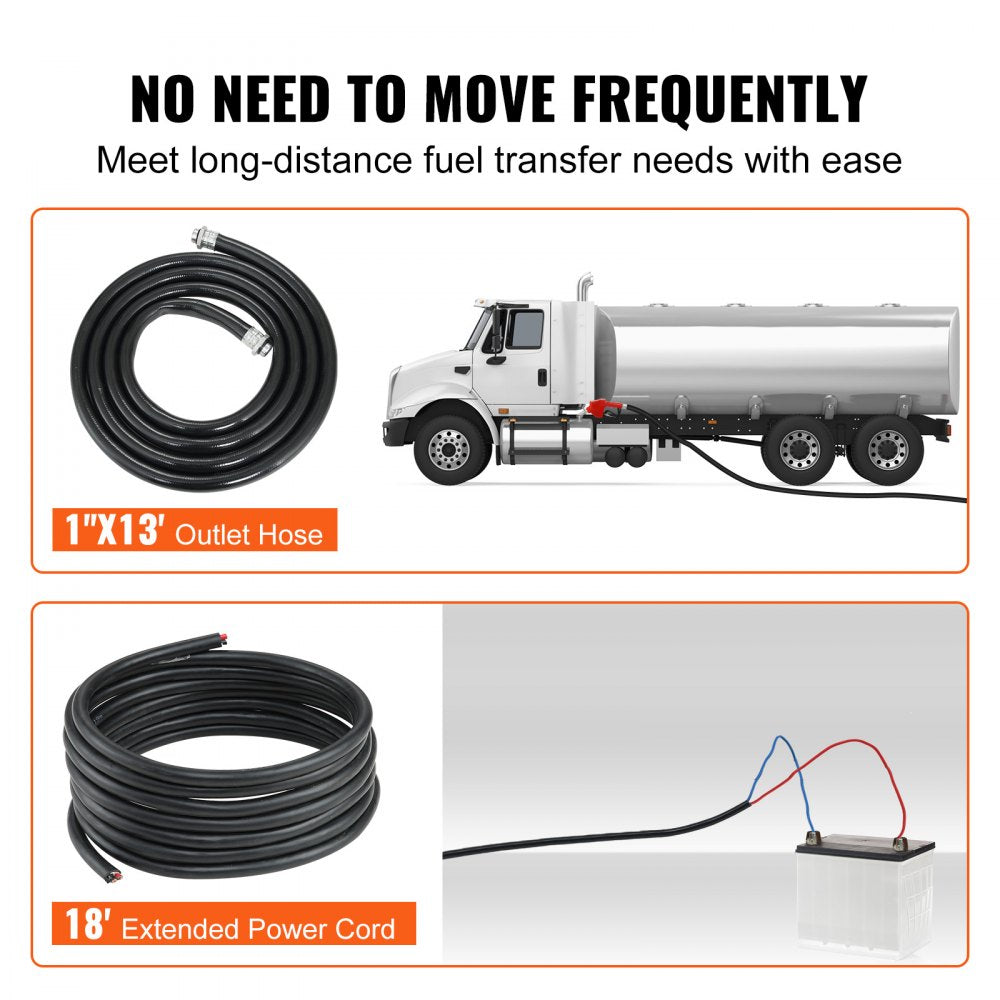 VEVOR Fuel Transfer Pump, 12V DC 20 GPM 1/4 HP, Gasoline Extractor Pump with Automatic Nozzle, Discharge Hose & Suction Pipe for Gasoline, Diesel, Kerosene, Ethanol & Methanol Blends, and Biodiesel
