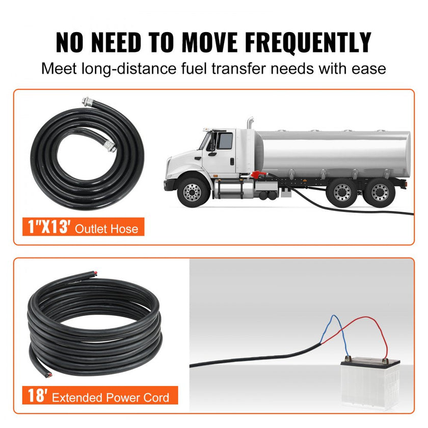 VEVOR Fuel Transfer Pump, 12V DC 20 GPM 1/4 HP, Gasoline Extractor Pump with Automatic Nozzle, Discharge Hose & Suction Pipe for Gasoline, Diesel, Kerosene, Ethanol & Methanol Blends, and Biodiesel
