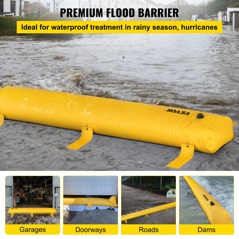 VEVOR Flood Barrier, 24 ft Length x 12 in Height, Reusable PVC Water Diversion Tubes, Lightweight Hydro Barrier with Excellent Waterproof Effect Used for Doorways, Garages, Yellow