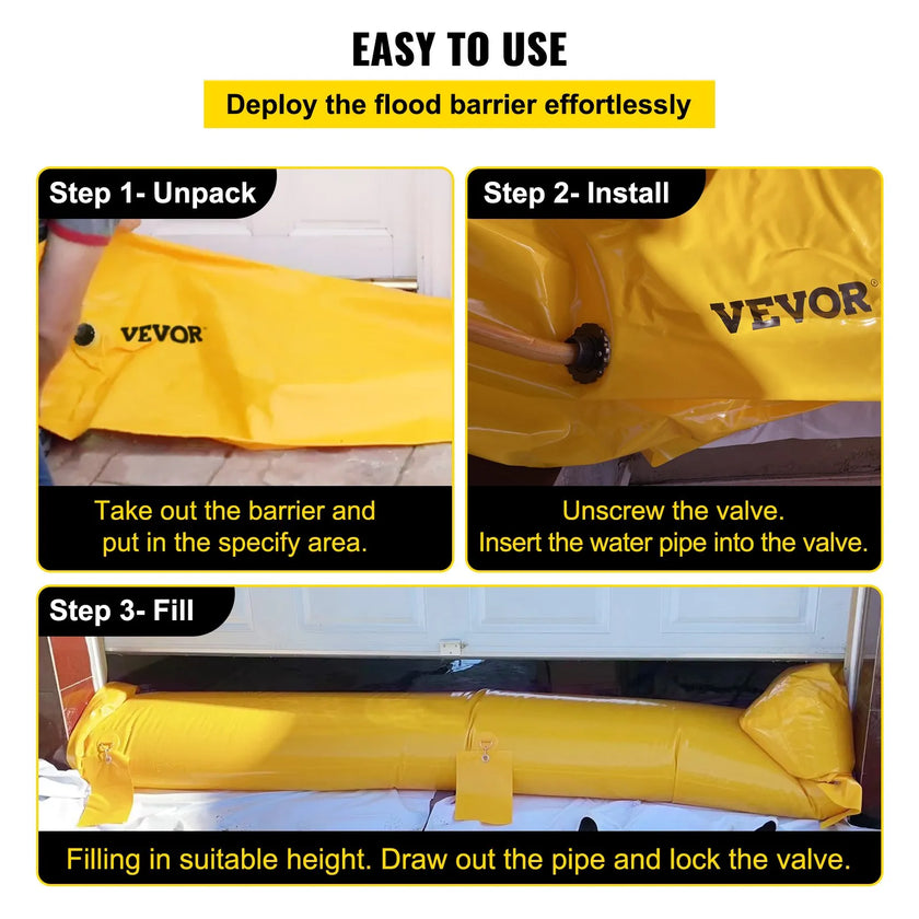 VEVOR Flood Barrier, 24 ft Length x 12 in Height, Reusable PVC Water Diversion Tubes, Lightweight Hydro Barrier with Excellent Waterproof Effect Used for Doorways, Garages, Yellow