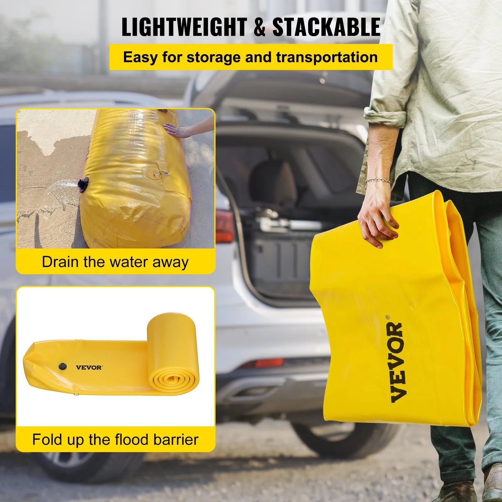 VEVOR Flood Barrier, 24 ft Length x 12 in Height, Reusable PVC Water Diversion Tubes, Lightweight Hydro Barrier with Excellent Waterproof Effect Used for Doorways, Garages, Yellow