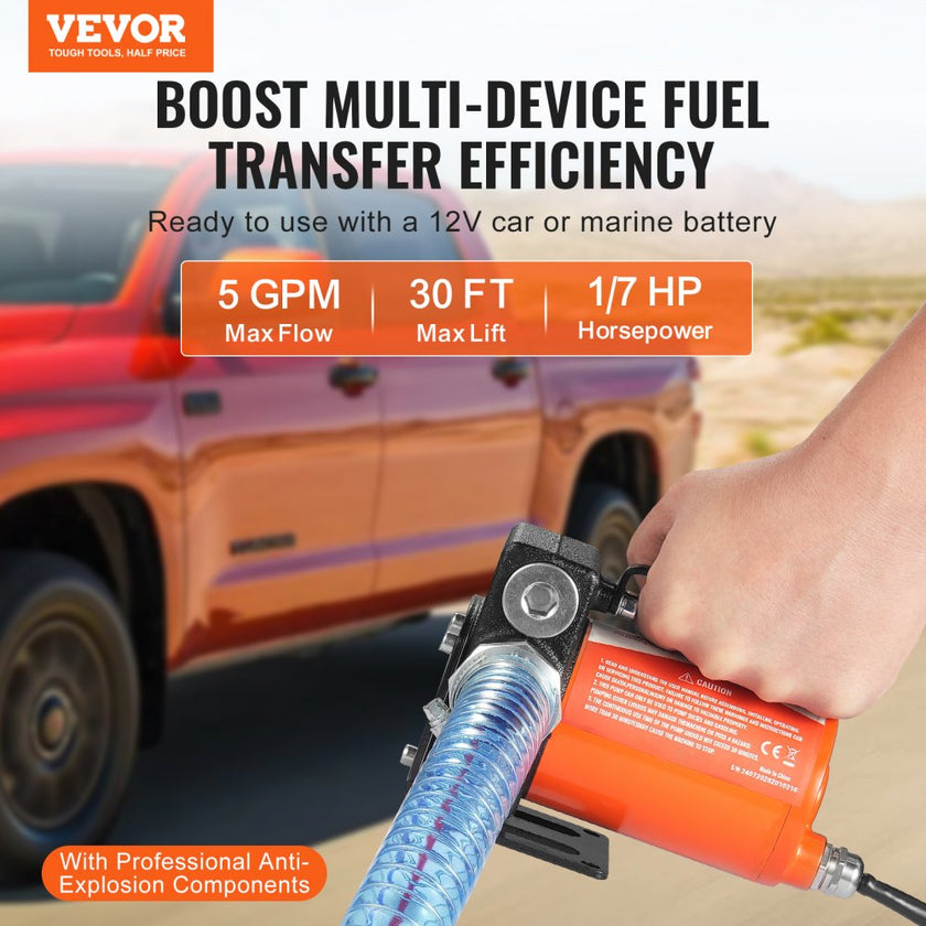 VEVOR Fuel Transfer Pump 12V 5.3 GPM 1/10 HP Diesel Pump with Auto Fuel Nozzle
